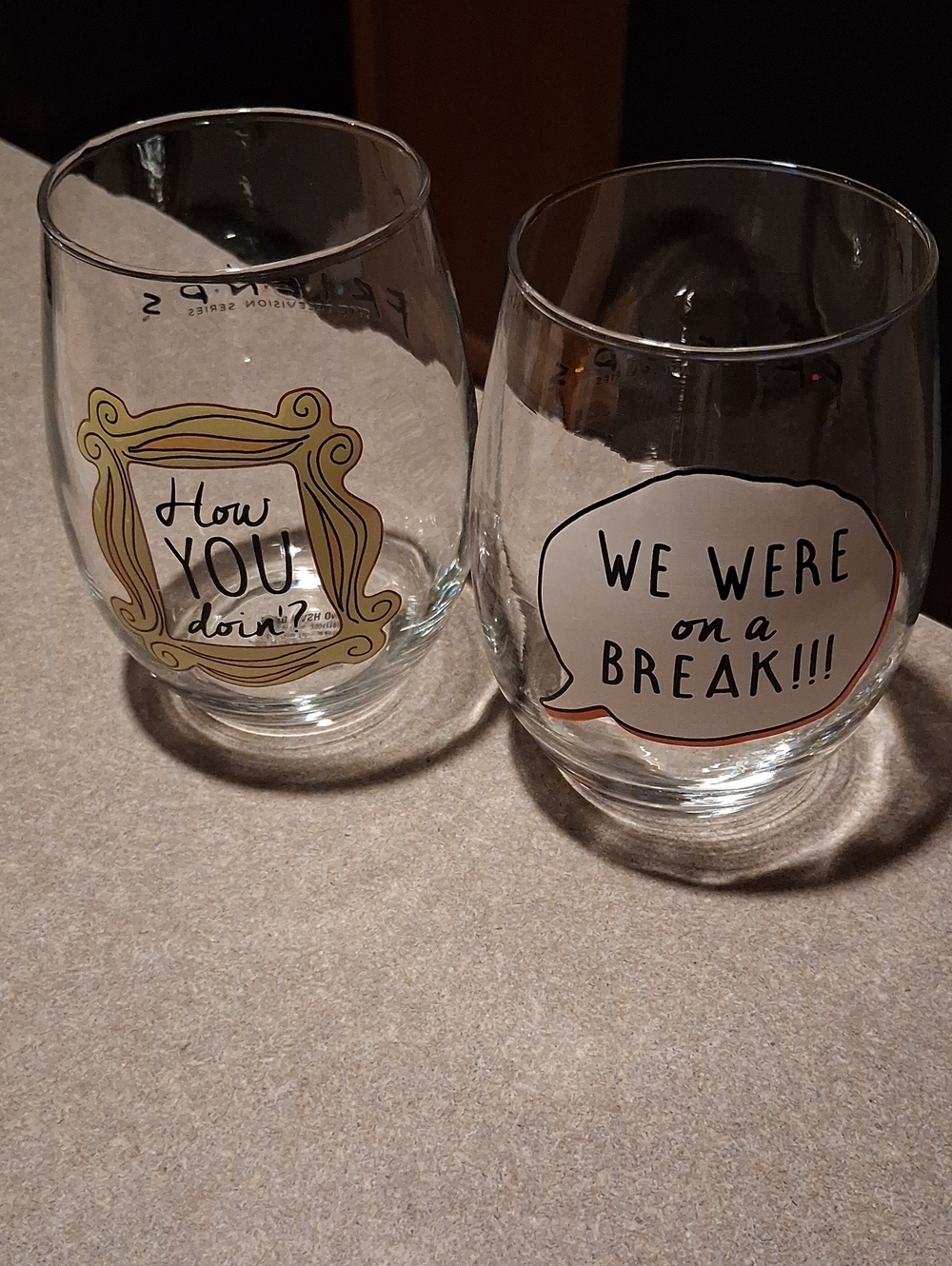Novelty 'How You Doin?' and 'We Were on a Break' Stemless Wine Glasses - Clear